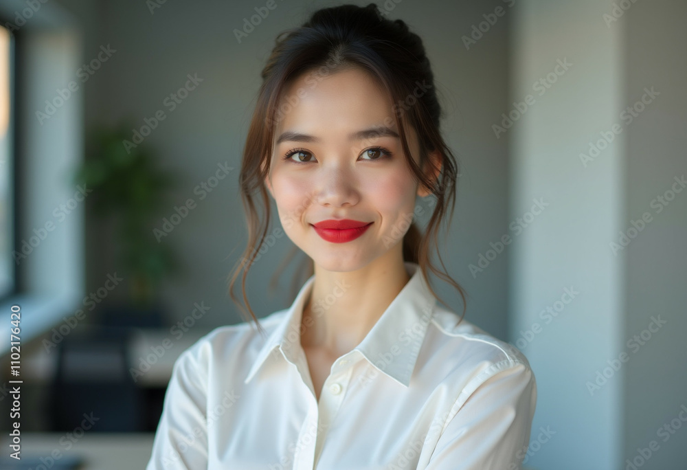 Confident young Asian woman in a white shirt smiling gently. Confident young Asian woman in a white shirt smiling gently.