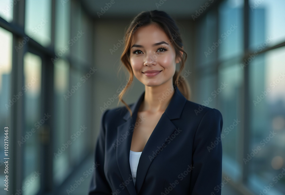 Confident young businesswoman in a dark blue blazer smiles warmly in a modern office. Confident young businesswoman in a dark blue blazer smiles warmly in a modern office.
