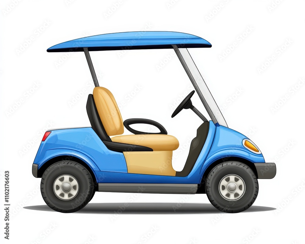 Golfcart. White Golf Cart for Transporting Golf Clubs on Blue Background Golfcart. White Golf Cart for Transporting Golf Clubs on Blue Background