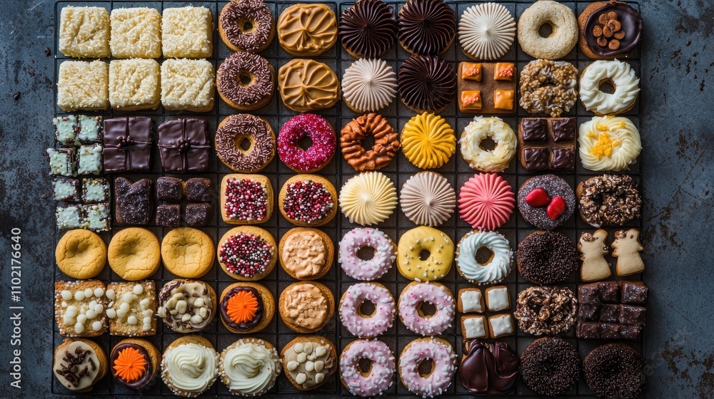 Fototapeta premium Flat lay of holiday cookies arranged beautifully on a table, showcasing their colors and designs.