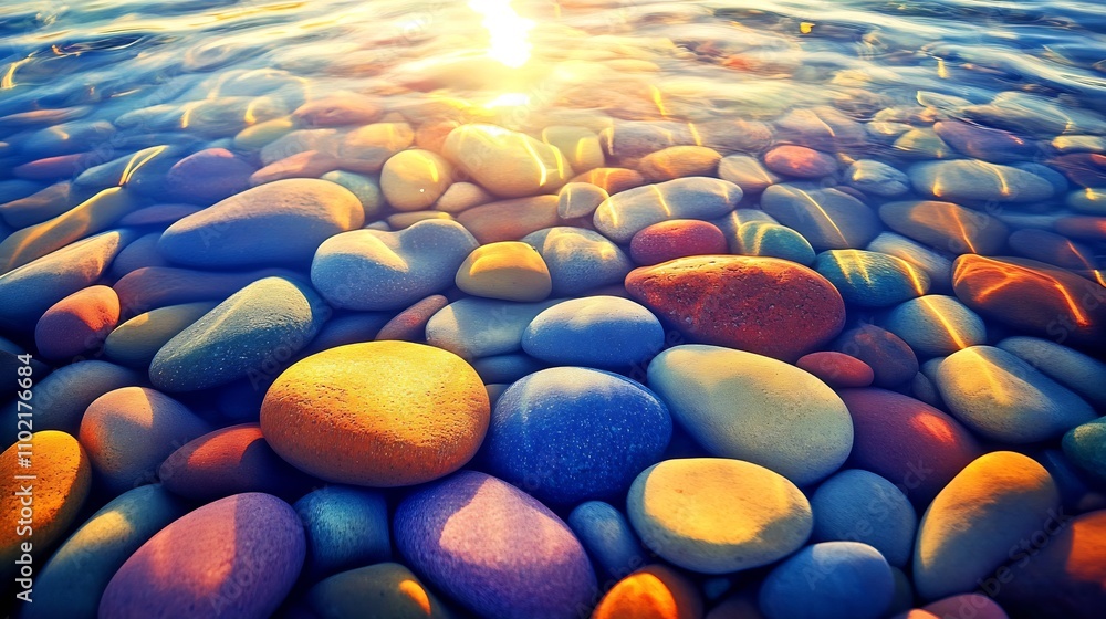 Obraz premium Peaceful Sunset Pebbles Underwater Creating a Calm Coastal Atmosphere : Generative AI