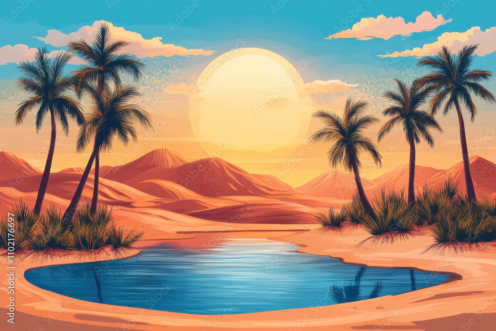 Natural therapy. A serene desert landscape featuring palm trees, rolling dunes, and a tranquil pool reflecting the vibrant sunset sky. Natural therapy. A serene desert landscape featuring palm trees, rolling dunes, and a tranquil pool reflecting the vibrant sunset sky.