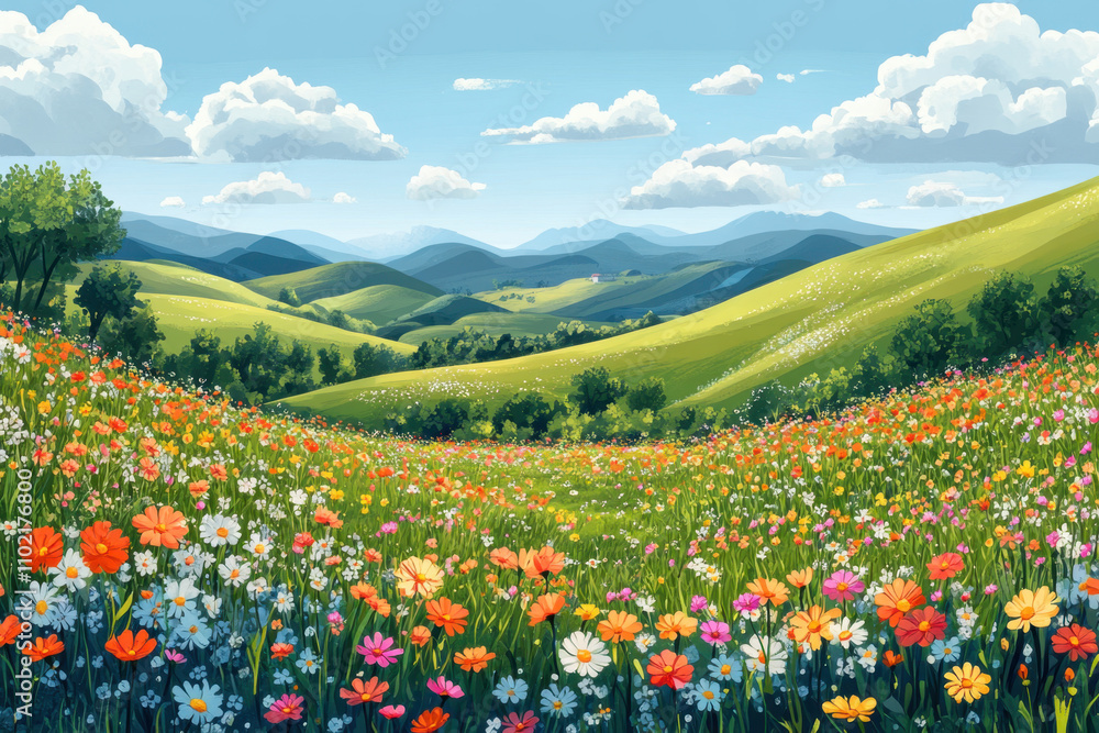 Natural therapy. A vibrant landscape featuring colorful wildflowers in a lush green meadow, framed by rolling hills and a bright blue sky with scattered clouds. Natural therapy. A vibrant landscape featuring colorful wildflowers in a lush green meadow, framed by rolling hills and a bright blue sky with scattered clouds.