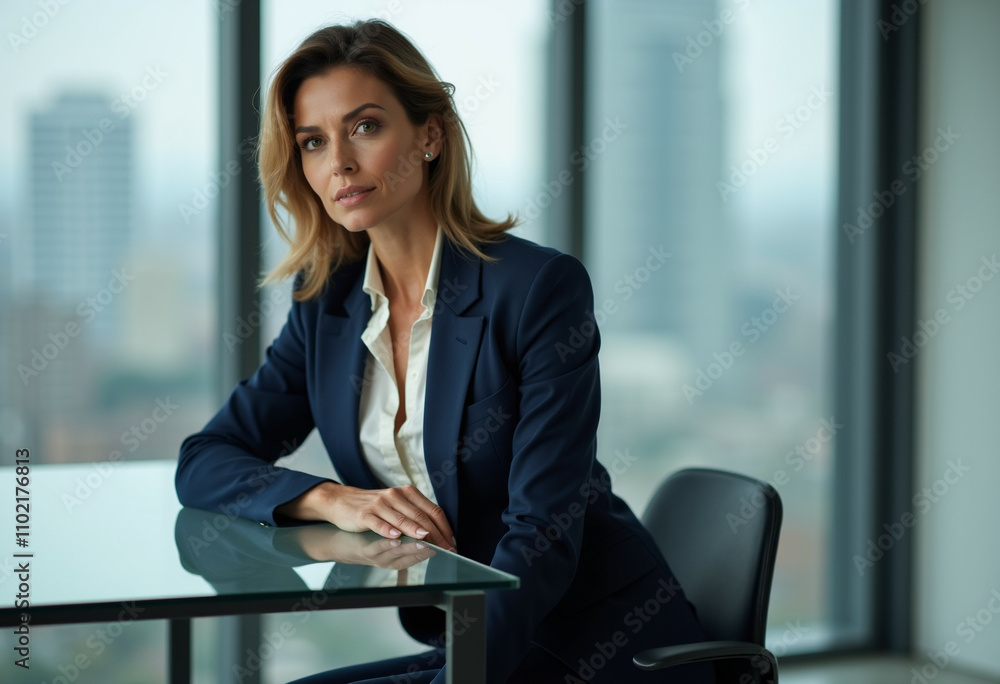 Confident businesswoman sits at a glass desk in a modern office gazing directly at the camera. Confident businesswoman sits at a glass desk in a modern office gazing directly at the camera.