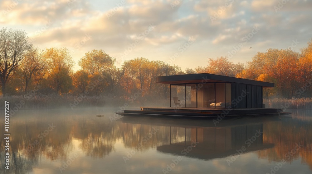 Fototapeta premium Serene Lakeside Retreat: Autumn Sunset Reflections