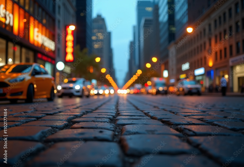 Cobblestone street at dusk city lights blurring in the background creating a dreamy urban scene. Cobblestone street at dusk city lights blurring in the background creating a dreamy urban scene.