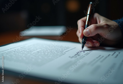 A hand signing a legal document with a pen  signifying agreement or finalization.