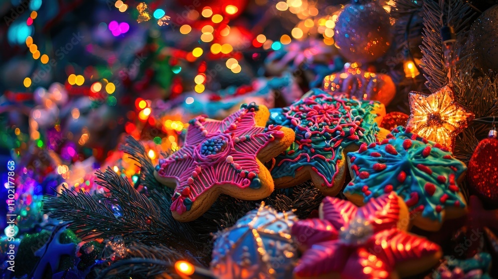An artistic arrangement of decorated cookies set against a backdrop of holiday lights and decorations. An artistic arrangement of decorated cookies set against a backdrop of holiday lights and decorations.