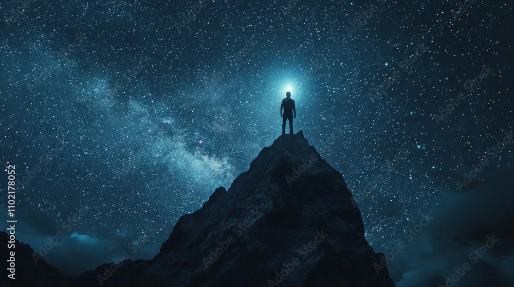 solitary person stands mountain peak surrounded brilliant starry night. individual captivated expansive beauty cosmos creating serene atmosphere. solitary person stands mountain peak surrounded brilliant starry night. individual captivated expansive beauty cosmos creating serene atmosphere.