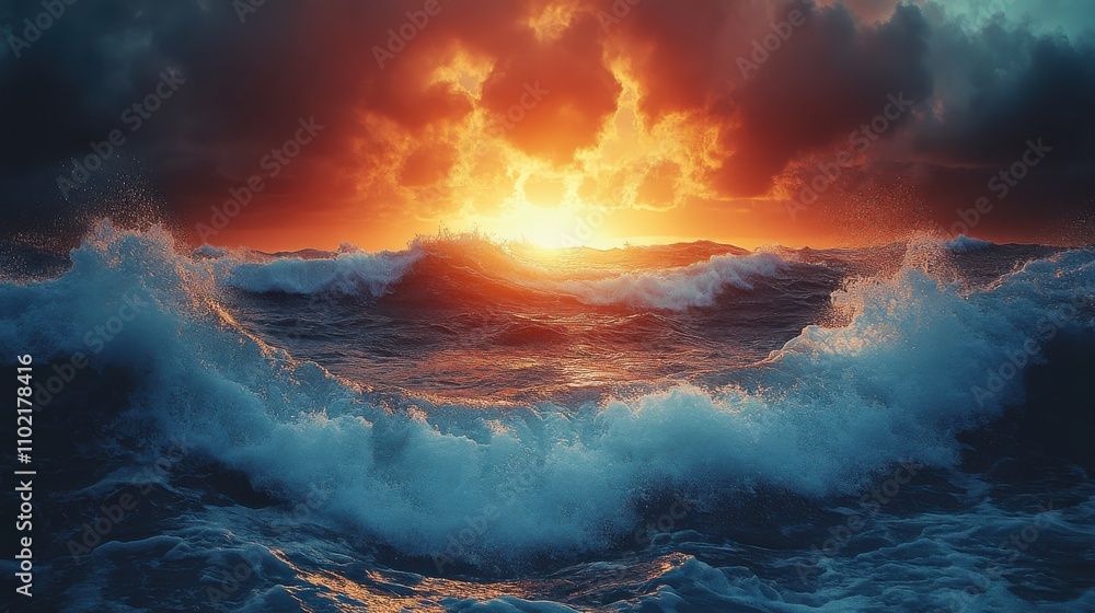 Fototapeta premium Dramatic sunset over turbulent ocean waves with dark clouds and vibrant colors on the horizon
