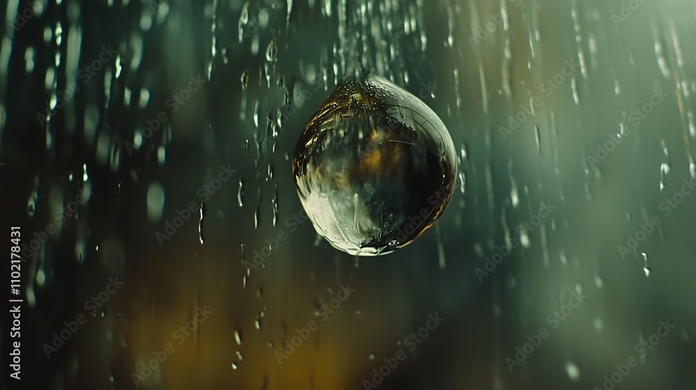 Close-up of a single water droplet suspended in mid-air, surrounded by a rain shower, showcasing its reflective surface and the bokeh effect of the background. Close-up of a single water droplet suspended in mid-air, surrounded by a rain shower, showcasing its reflective surface and the bokeh effect of the background.
