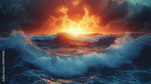 Dramatic sunset over turbulent ocean waves with dark clouds and vibrant colors on the horizon