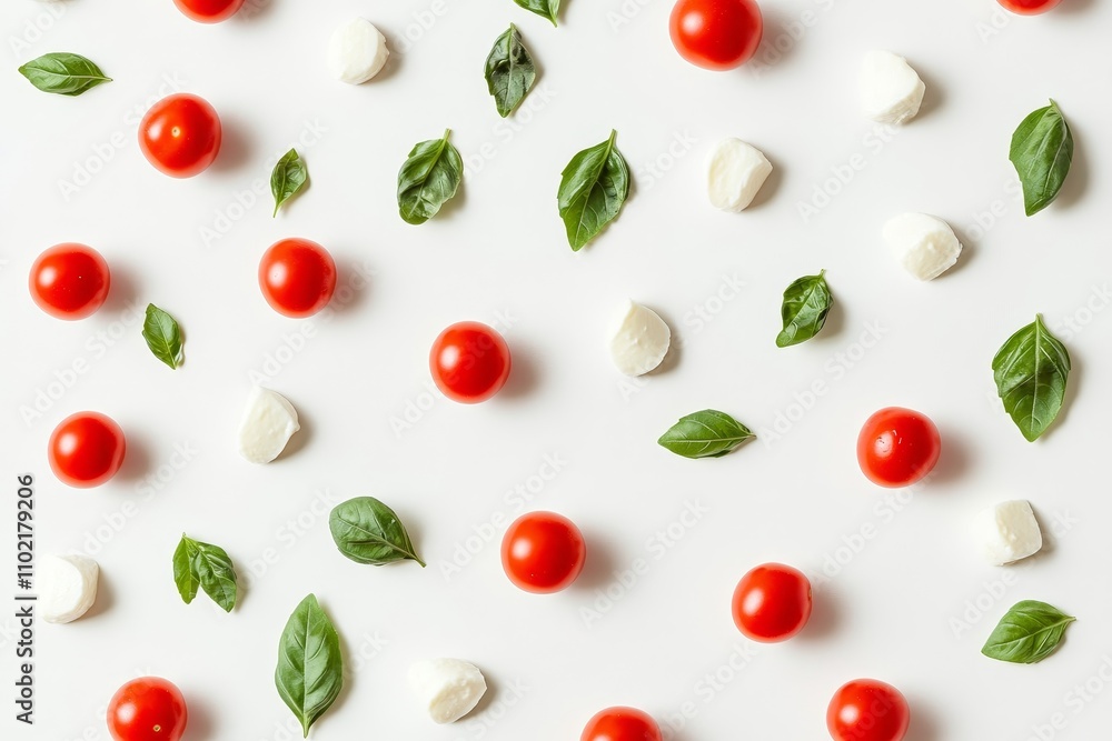 A vibrant arrangement of fresh tomatoes, basil leaves, and mozzarella balancing simplicity with a touch of culinary artistry A vibrant arrangement of fresh tomatoes, basil leaves, and mozzarella balancing simplicity with a touch of culinary artistry