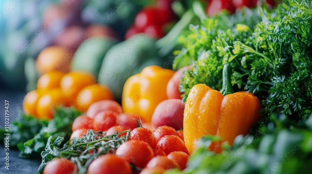 Fresh vegetables and herbs in a vibrant and colorful display Fresh vegetables and herbs in a vibrant and colorful display