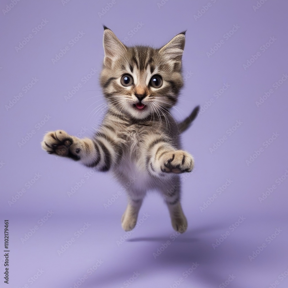 A playful tabby kitten leaping directly toward the camera with wide-open eyes and outstretched paws, creating a dynamic and engaging perspective A playful tabby kitten leaping directly toward the camera with wide-open eyes and outstretched paws, creating a dynamic and engaging perspective