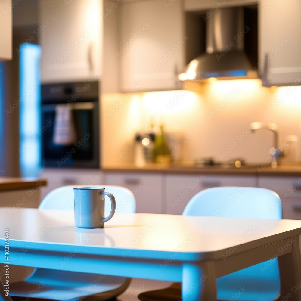 White coffee mug is sitting on a table in a kitchen White coffee mug is sitting on a table in a kitchen