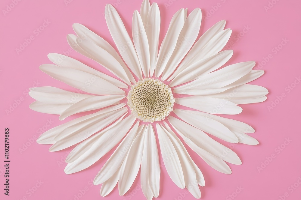 Delicate arrangement of gerbera daisy petals creates an enchanting floral art piece against a soft pink background Delicate arrangement of gerbera daisy petals creates an enchanting floral art piece against a soft pink background