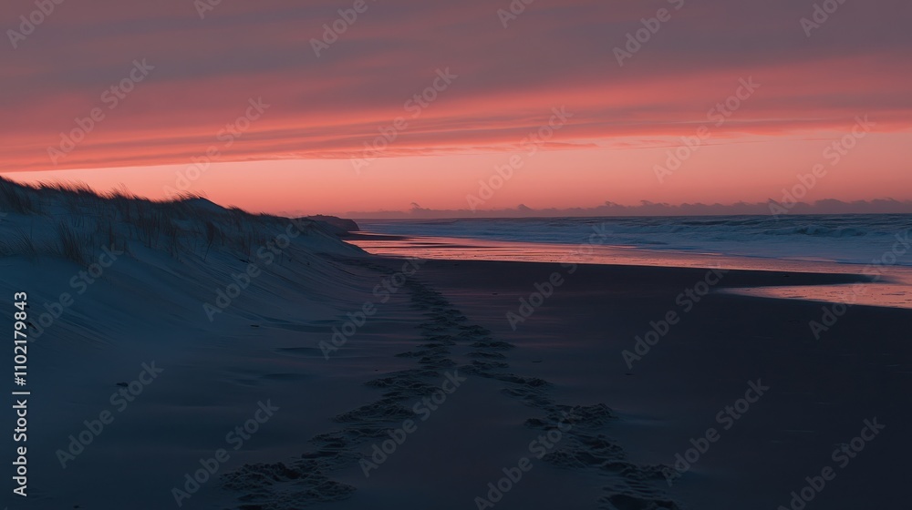 Serene sunset at the beach with footprints along the sandy shore and gentle ocean waves Serene sunset at the beach with footprints along the sandy shore and gentle ocean waves