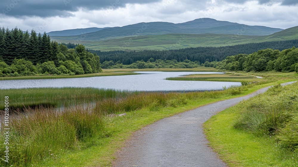 Picturesque Mountain Lake and Hiking Trail in Lush Green Landscape Picturesque Mountain Lake and Hiking Trail in Lush Green Landscape