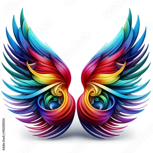 Colorful wings with a rainbow pattern, isolated on a white background