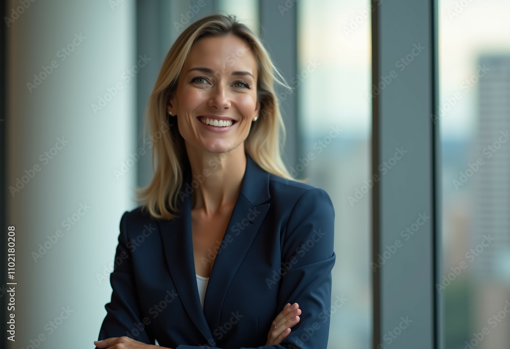 Confident businesswoman smiling arms crossed near office window. Confident businesswoman smiling arms crossed near office window.