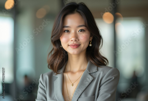 Confident Asian businesswoman in a gray blazer smiling directly at the camera.