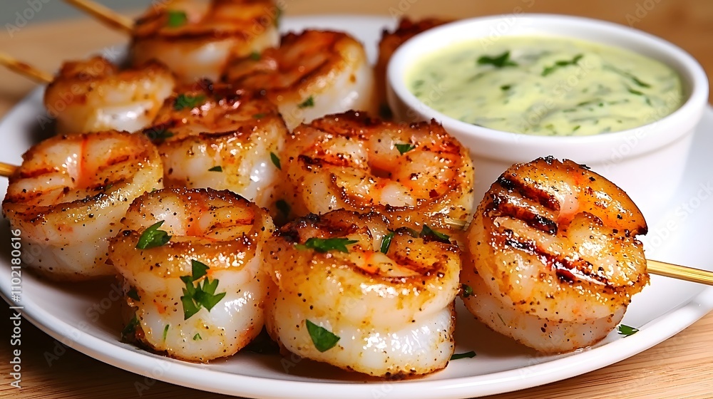 A detailed shot of grilled shrimp skewers paired with a zesty dipping sauce, highlighting seafood as a lean protein choice A detailed shot of grilled shrimp skewers paired with a zesty dipping sauce, highlighting seafood as a lean protein choice