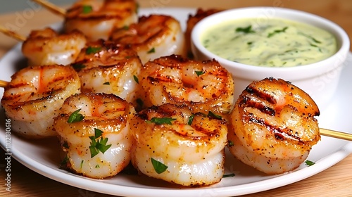 A detailed shot of grilled shrimp skewers paired with a zesty dipping sauce, highlighting seafood as a lean protein choice