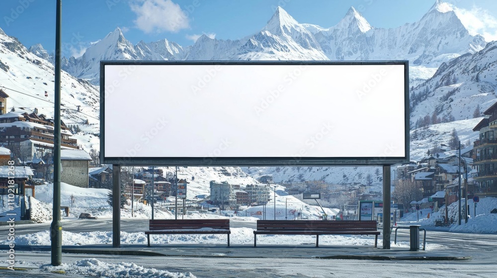 Fototapeta premium Snowy mountains frame an expansive vertical blank billboard at a bus stop. , isolated on white background, , copy space, copy space for text,