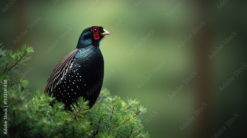 Vibrant black pheasant perched on lush green pine branch in serene forest Vibrant black pheasant perched on lush green pine branch in serene forest