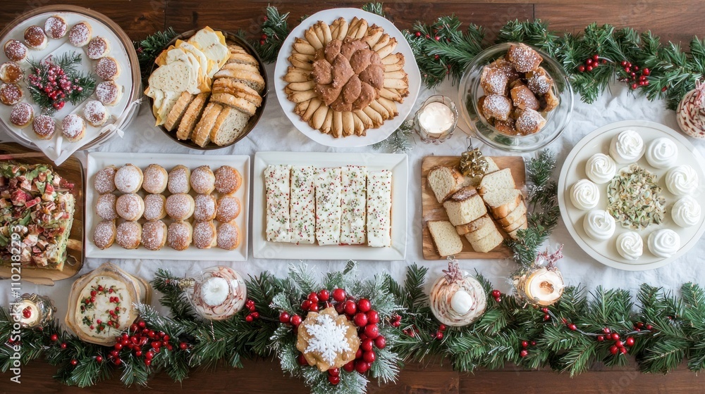 A top view of a family-style Christmas dinner table, showcasing the spread of food and festive decorations. A top view of a family-style Christmas dinner table, showcasing the spread of food and festive decorations.