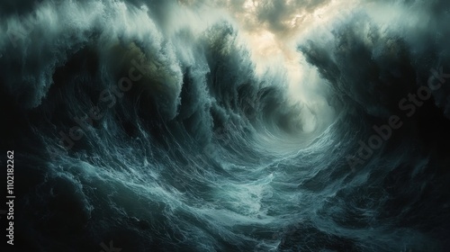 Raging ocean waves crashing under dark storm clouds at twilight