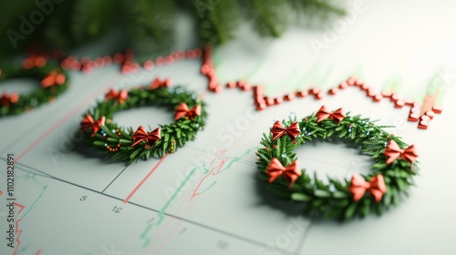 Green wreaths decorated with red bows are positioned on a stock market chart, blending festive imagery with financial analysis. Perfect for visualizing holiday market performance or business growth.