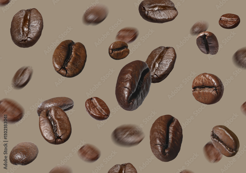 Aromatic roasted coffee beans in air on beige grey background Aromatic roasted coffee beans in air on beige grey background