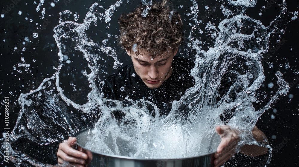 Dramatic splash of water captured mid-motion with a man Dramatic splash of water captured mid-motion with a man