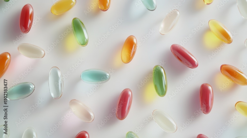 Colorful Gel Capsules Arranged on Light Surface with Soft Shadows Colorful Gel Capsules Arranged on Light Surface with Soft Shadows