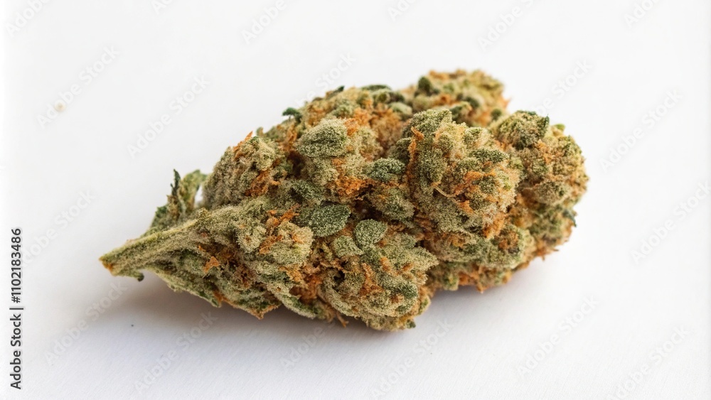 Overhead view of dried cannabis nug on a white surface showcasing its flat shape and even texture, botanical, dried flower, buds Overhead view of dried cannabis nug on a white surface showcasing its flat shape and even texture, botanical, dried flower, buds
