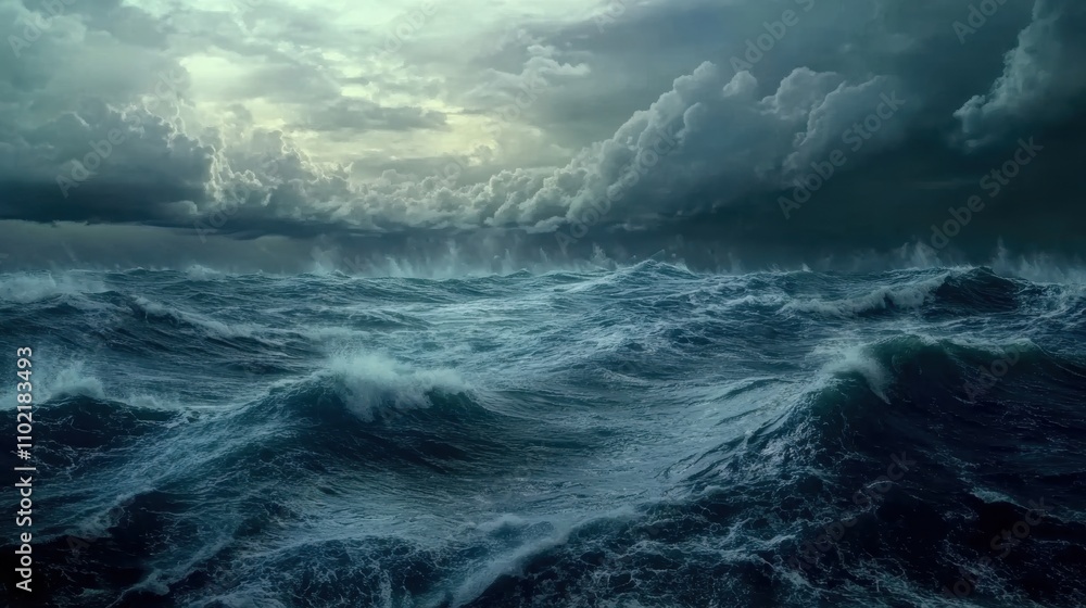 Choppy ocean waves crash under a stormy sky during early evening hours Choppy ocean waves crash under a stormy sky during early evening hours