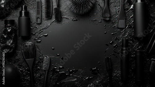 Black hair care products and tools arranged around a blank circle on a dark background.
