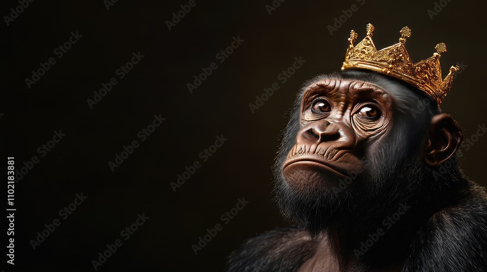 Regal gorilla adorned with a crown exudes majesty against a darkened backdrop in stunning photorealism Regal gorilla adorned with a crown exudes majesty against a darkened backdrop in stunning photorealism