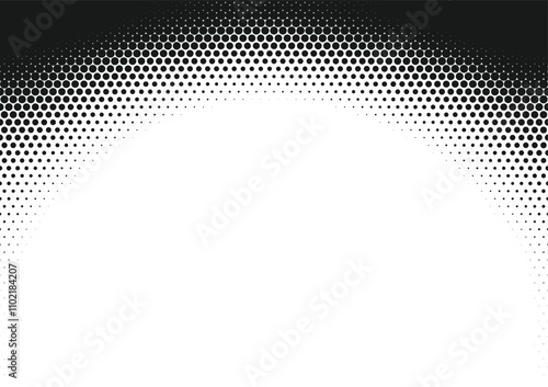 Grunge top vignette halftone textured pattern with dots. Comic pop art dotted duotone gradient element. Dots arch curved abstract template background. Vector