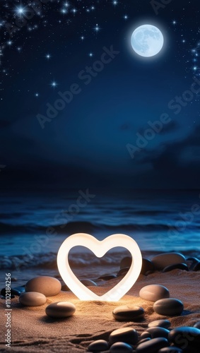 Dreamy beach at night with glowing heart