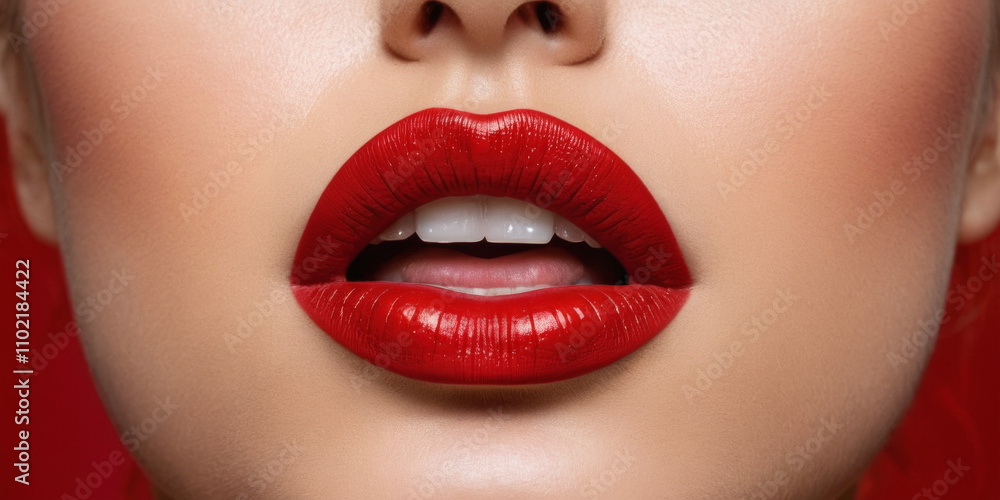 Obraz premium Red lips banner background with beautiful female lips macro view with lipstick and gloss makeup and red color backdrop with copy space