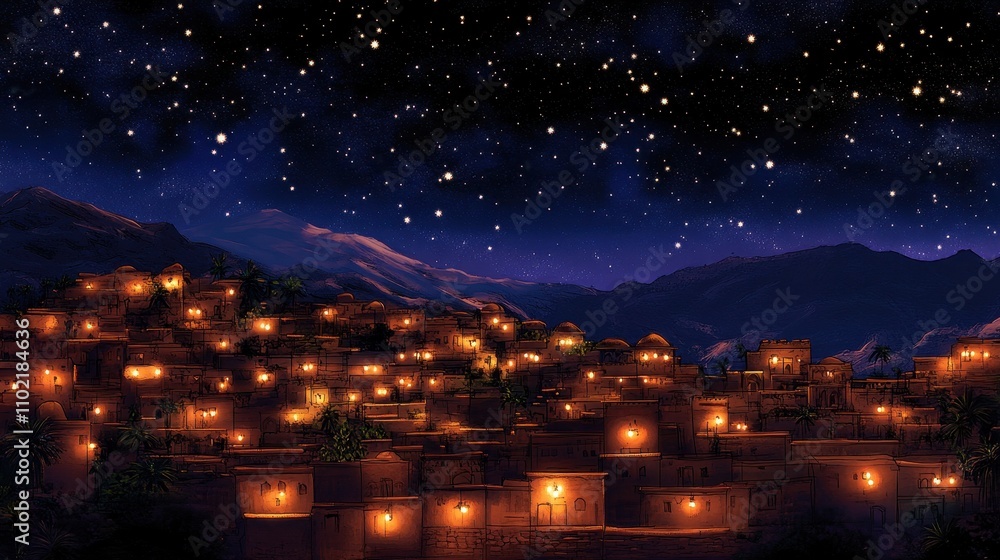 Fototapeta premium Starry Night Over a Mountain Village