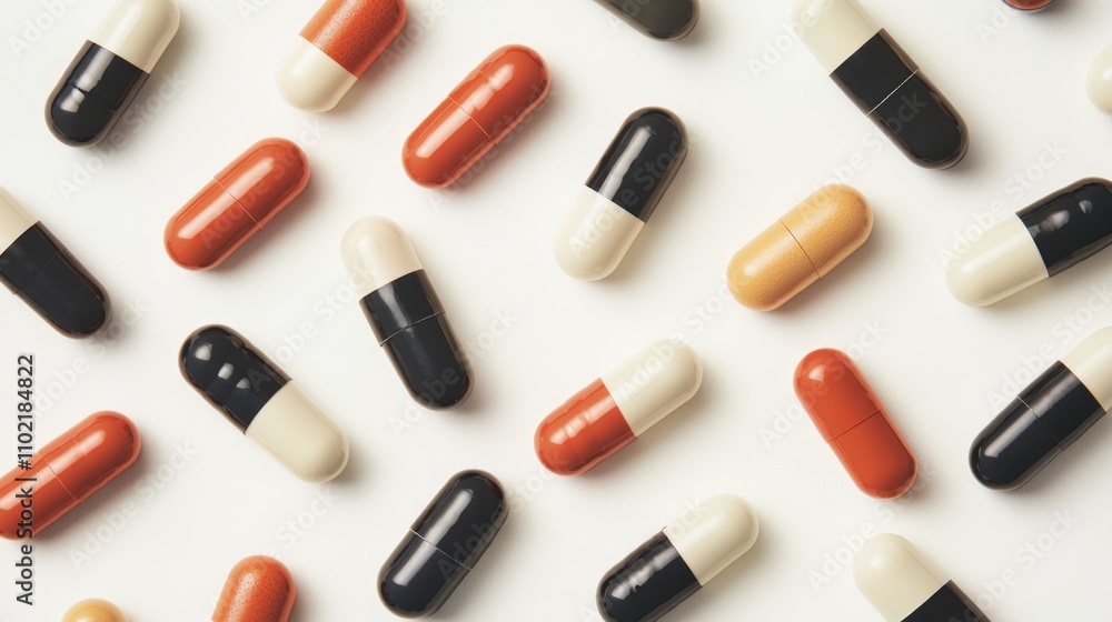 Colorful Capsules and Pills Spread on Light Surface Background Colorful Capsules and Pills Spread on Light Surface Background