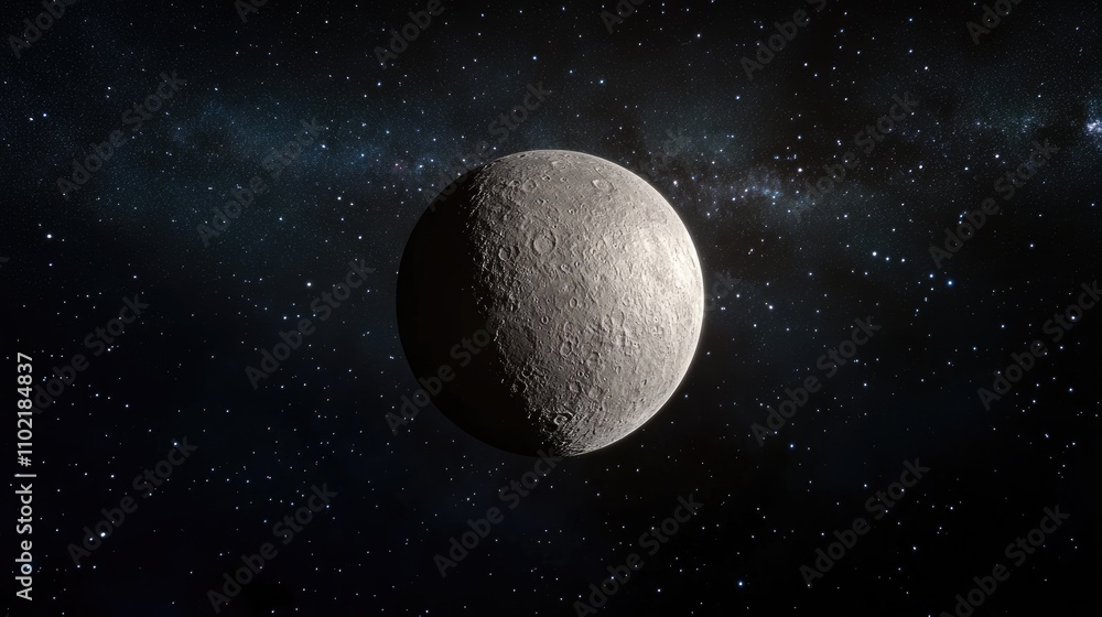 A distant view of Mercury, showcasing its small size and gray, rocky surface against a starry backdrop A distant view of Mercury, showcasing its small size and gray, rocky surface against a starry backdrop