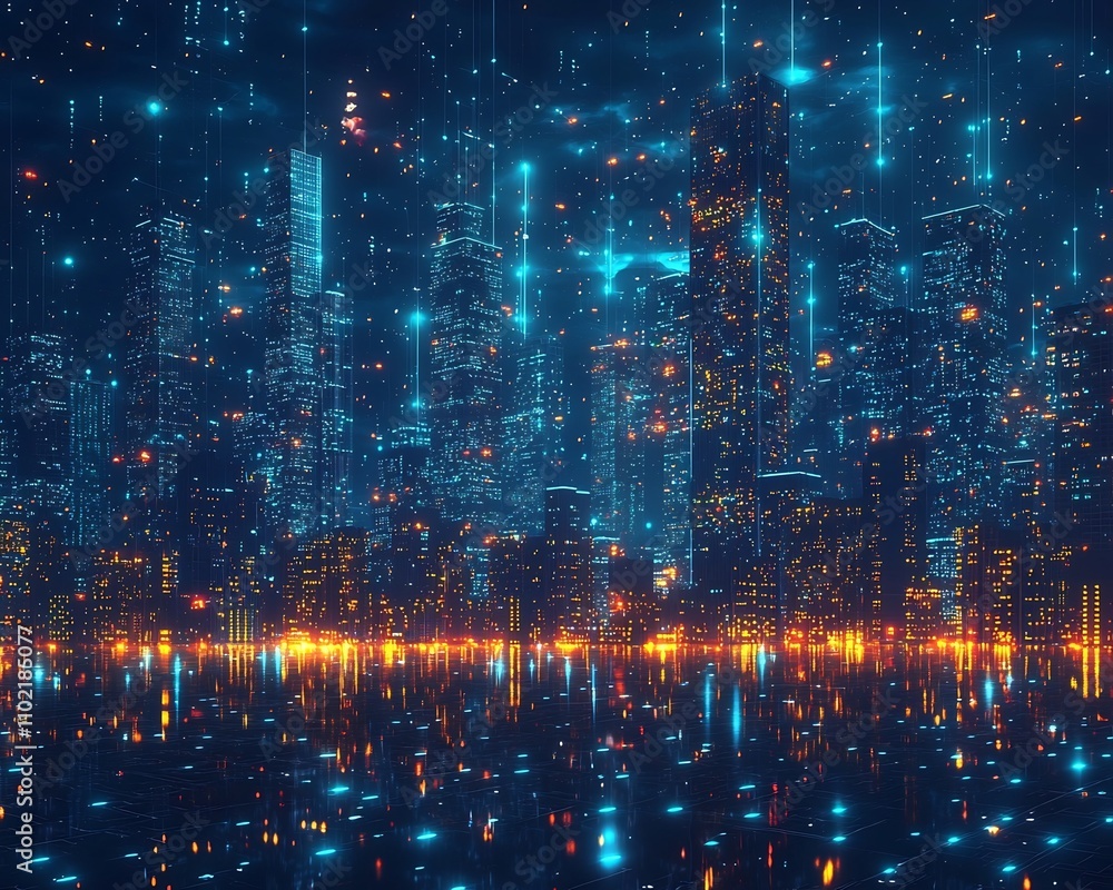 Obraz premium Futuristic digital skyline symbolizing the tech driven growth and prosperity of a thriving financial metropolis