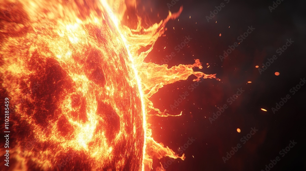A fiery close-up of the Sun surface, showcasing solar flares and intense plasma activity. A fiery close-up of the Sun surface, showcasing solar flares and intense plasma activity.