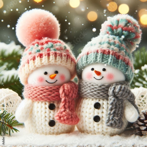 Two little lovely snowman in knitted skandi hat and scarfs standing in winter landscape. Merry Christmas and happy New Year greeting card photo