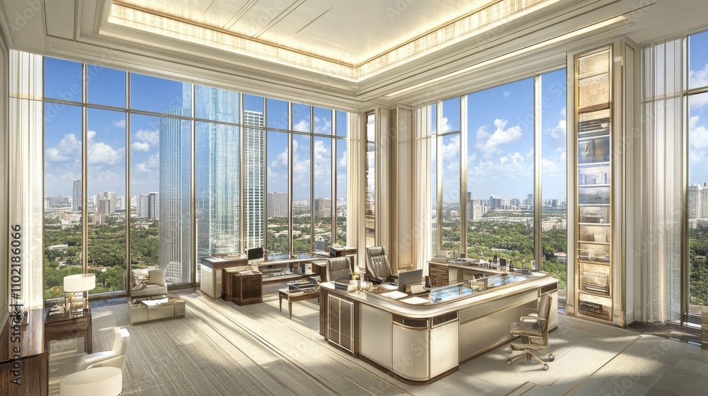 Fototapeta premium Luxurious Modern Office with Panoramic City View